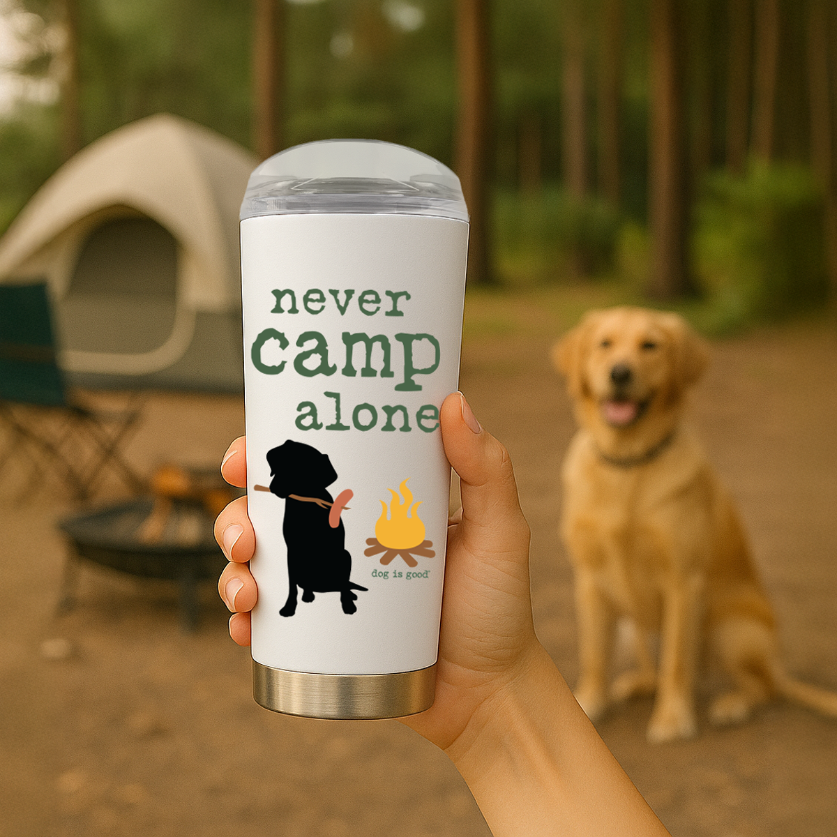 Never Camp Alone 18-oz Double-Wall Stainless Steel Tumbler